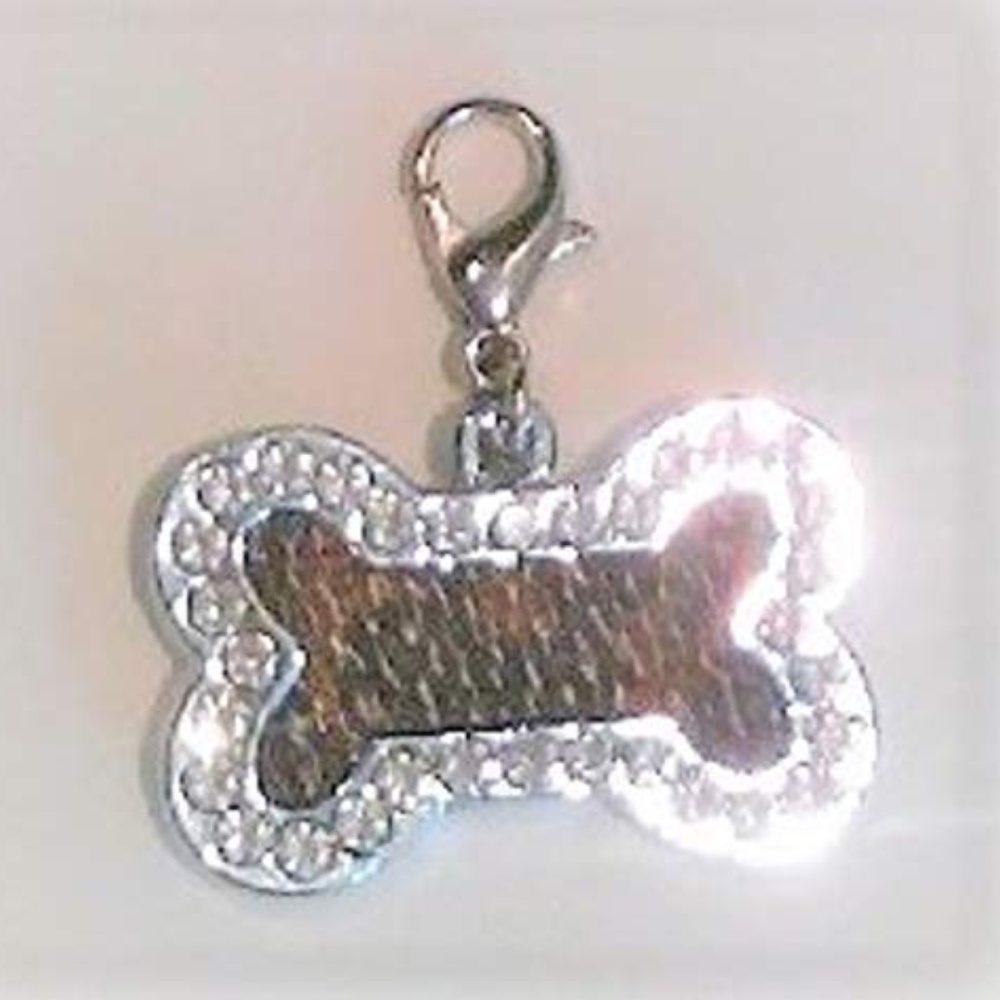 Dog Bone Crystal Charm w REPURPOSED Louie Vuitton Mongram for Dog Cat Pet People - Picture 2 of 6
